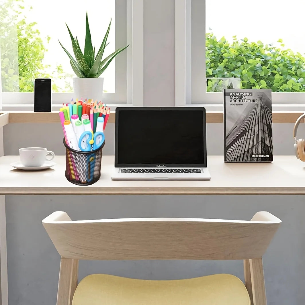 4pcs Black Metal Wire Mesh Pen Holders - Round Desk Organizer with Open-Top Design, for Office & Home Desktop Storage