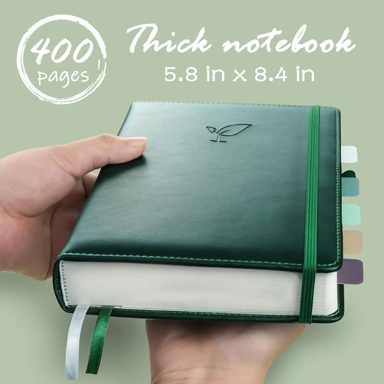 A5 Hardcover Leather Notebook, 400 Pages Thick Journal with College Ruled Paper for Writing, Green