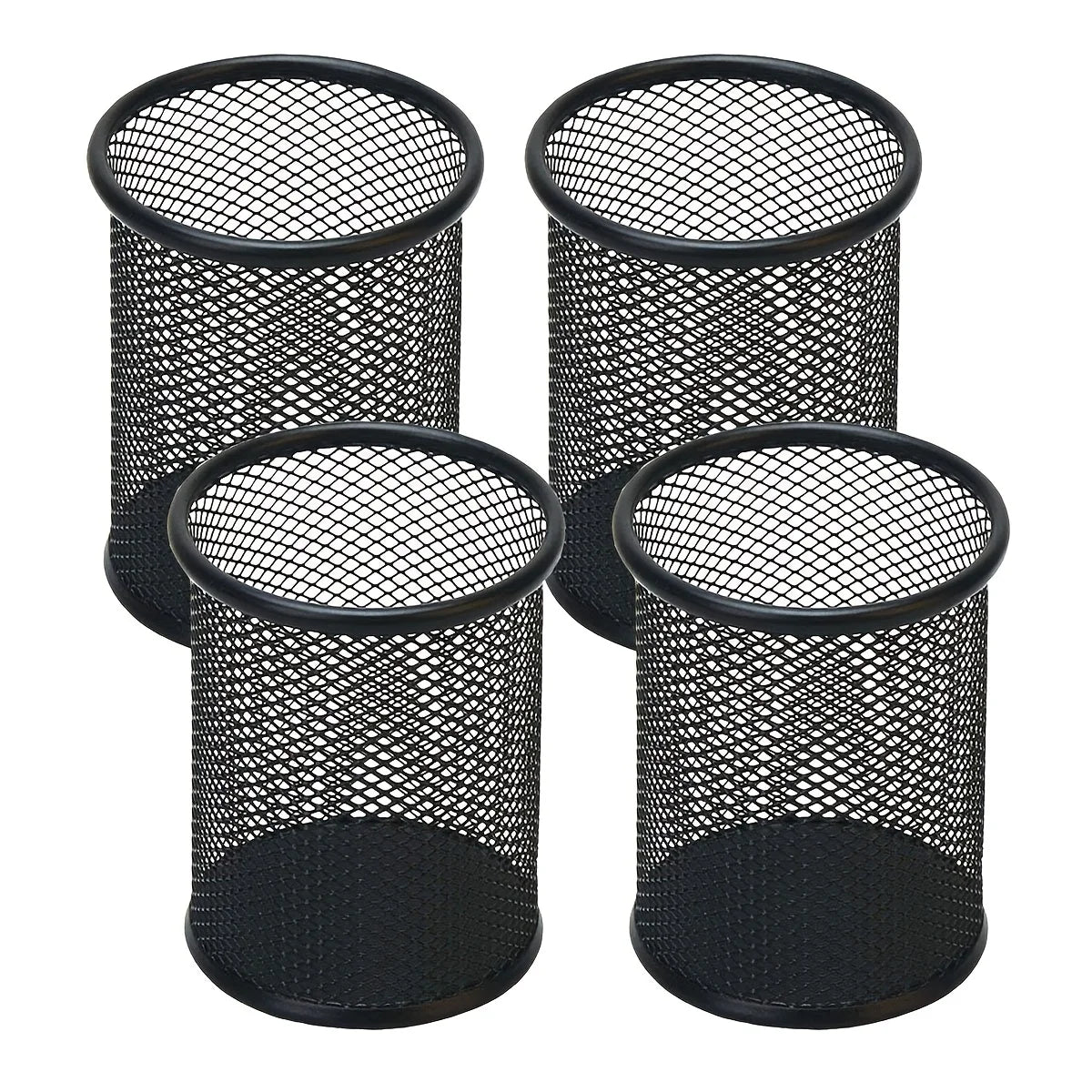 4pcs Black Metal Wire Mesh Pen Holders - Round Desk Organizer with Open-Top Design, for Office & Home Desktop Storage