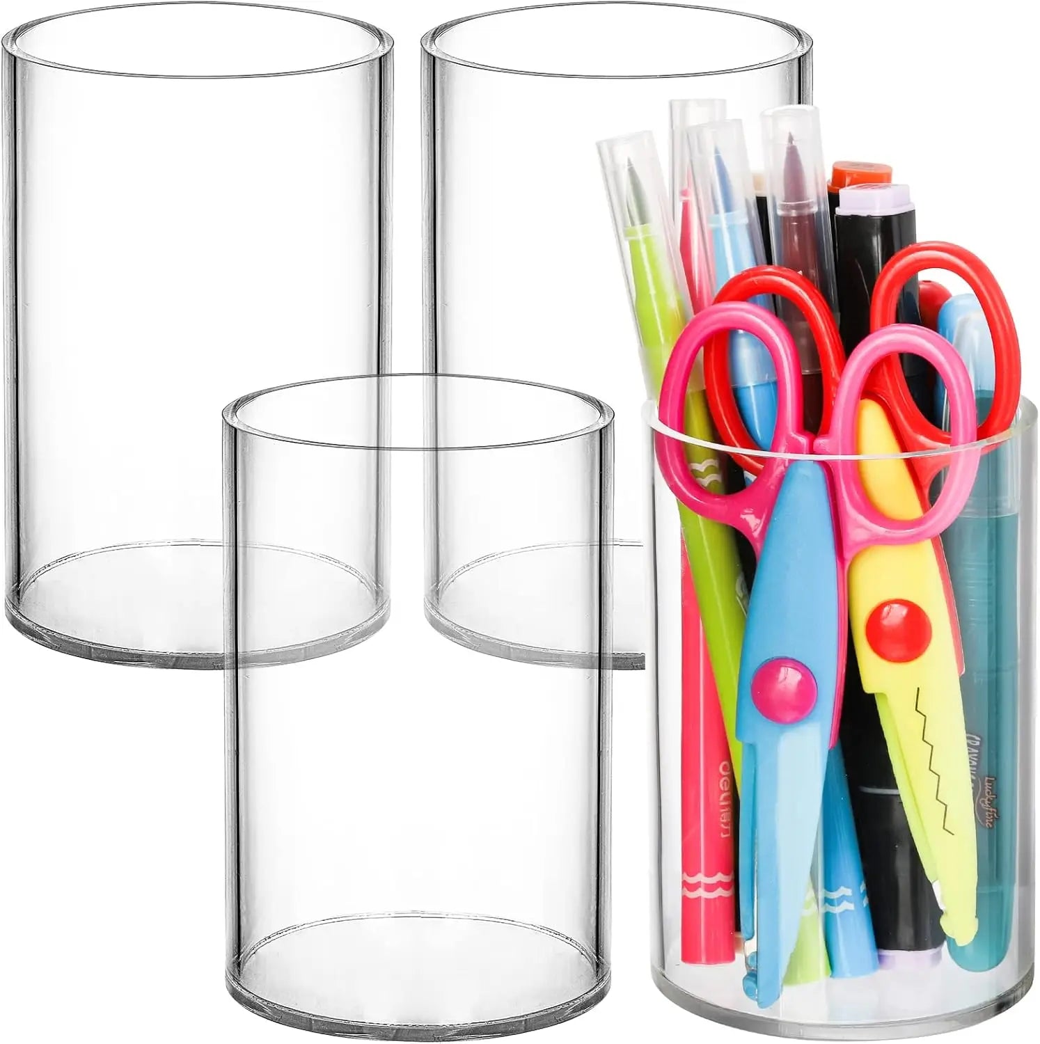 4 Pcs Acrylic Pen Holders, Clear Thick Pencil Cup, Round Makeup Brush Holder, Desktop Organizer for Office School Home Supplies