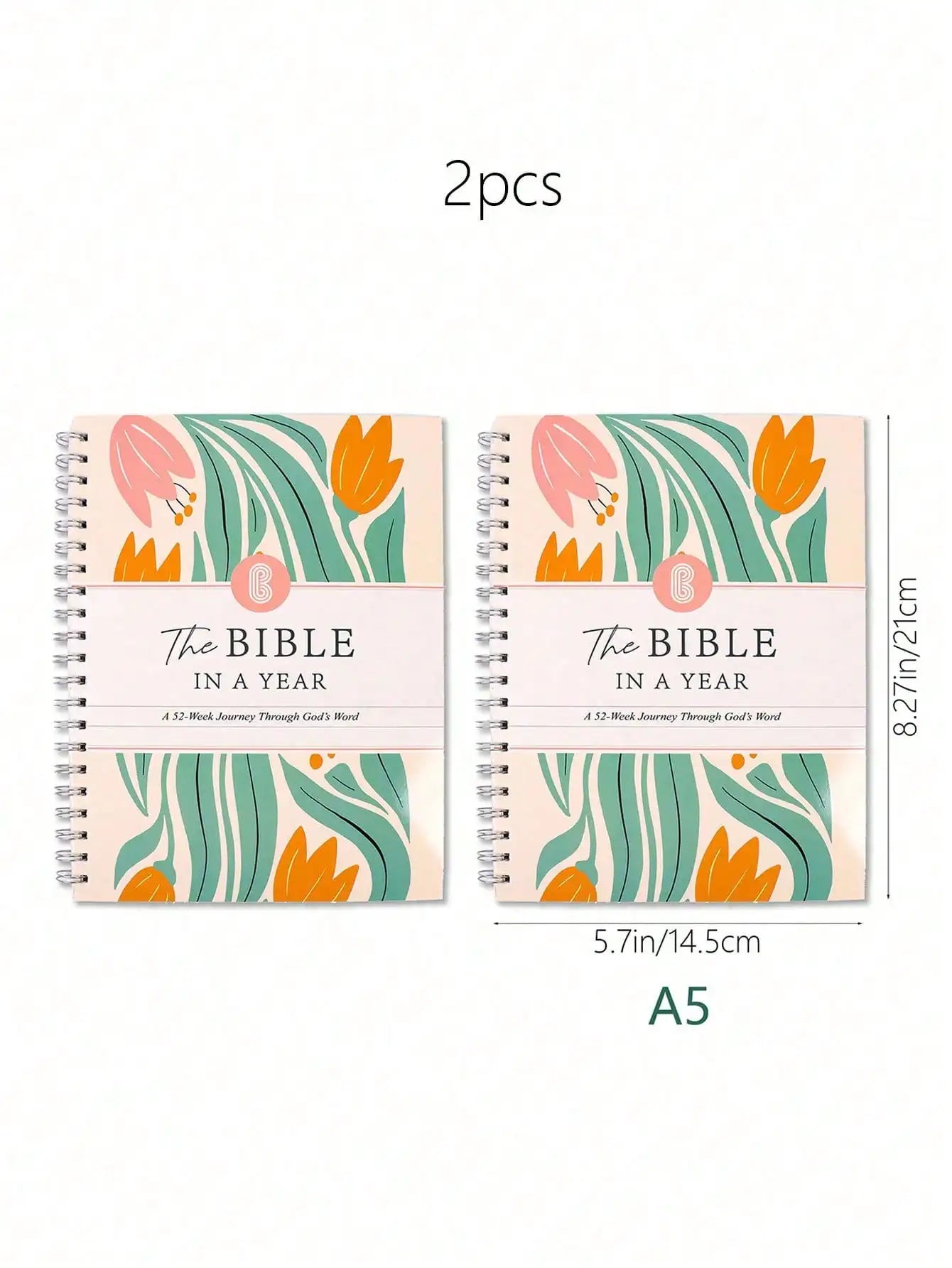 1/2-Set A5 "Bible in a Year: 52-Week Study Spiral Notebook" with Guide, Women's Bible Study Plan, Holiday Gift