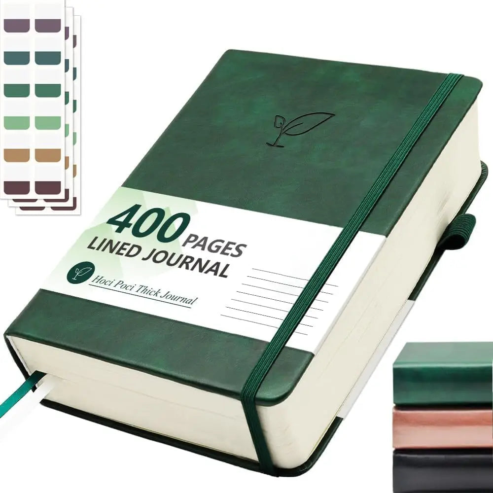 A5 Hardcover Leather Notebook, 400 Pages Thick Journal with College Ruled Paper for Writing, Green