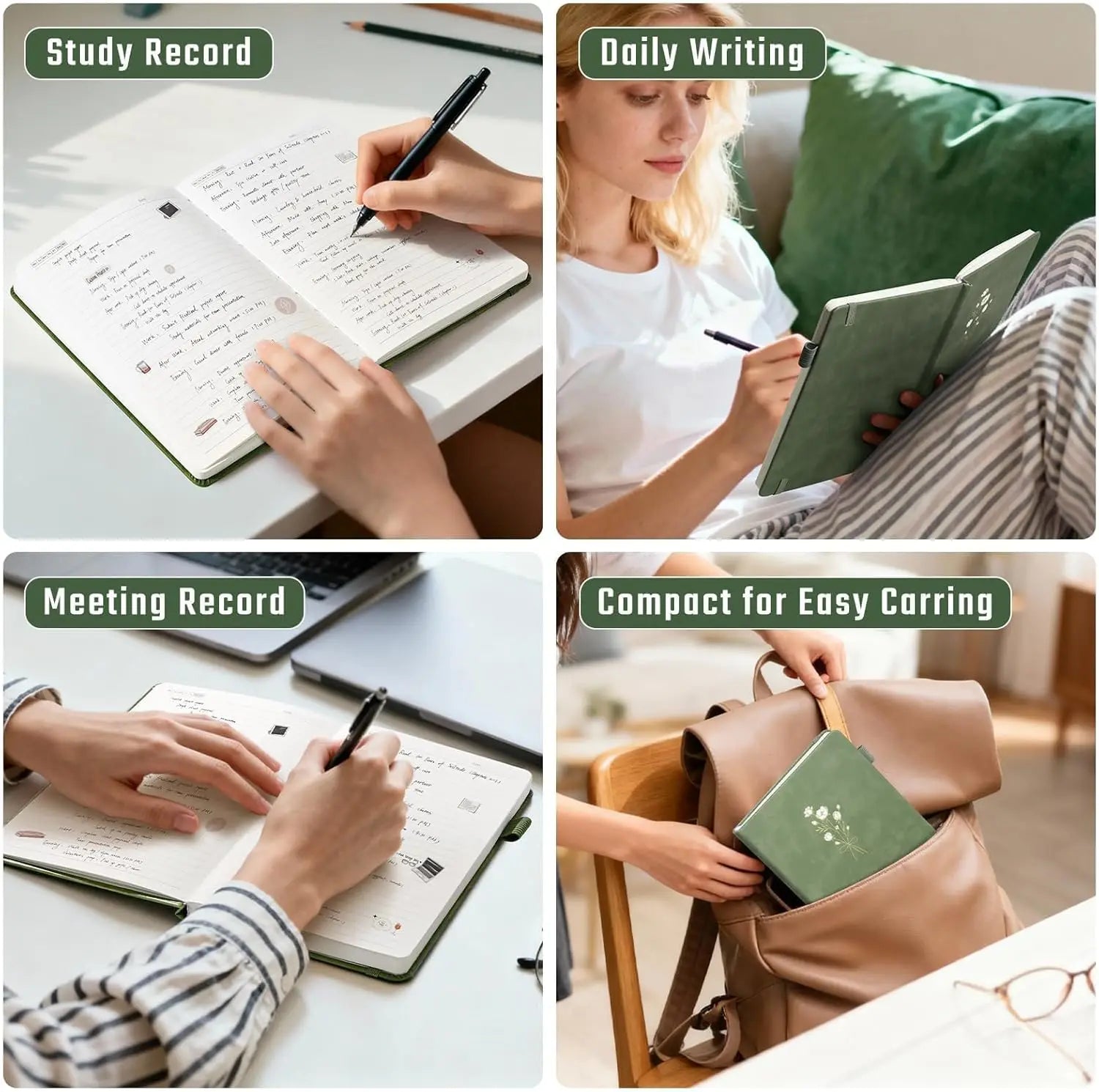 A5 Leather Journal for Girls, 192 Pages with Heart-Shaped Shadow Design, Green Floral Cover Notebook for Writing